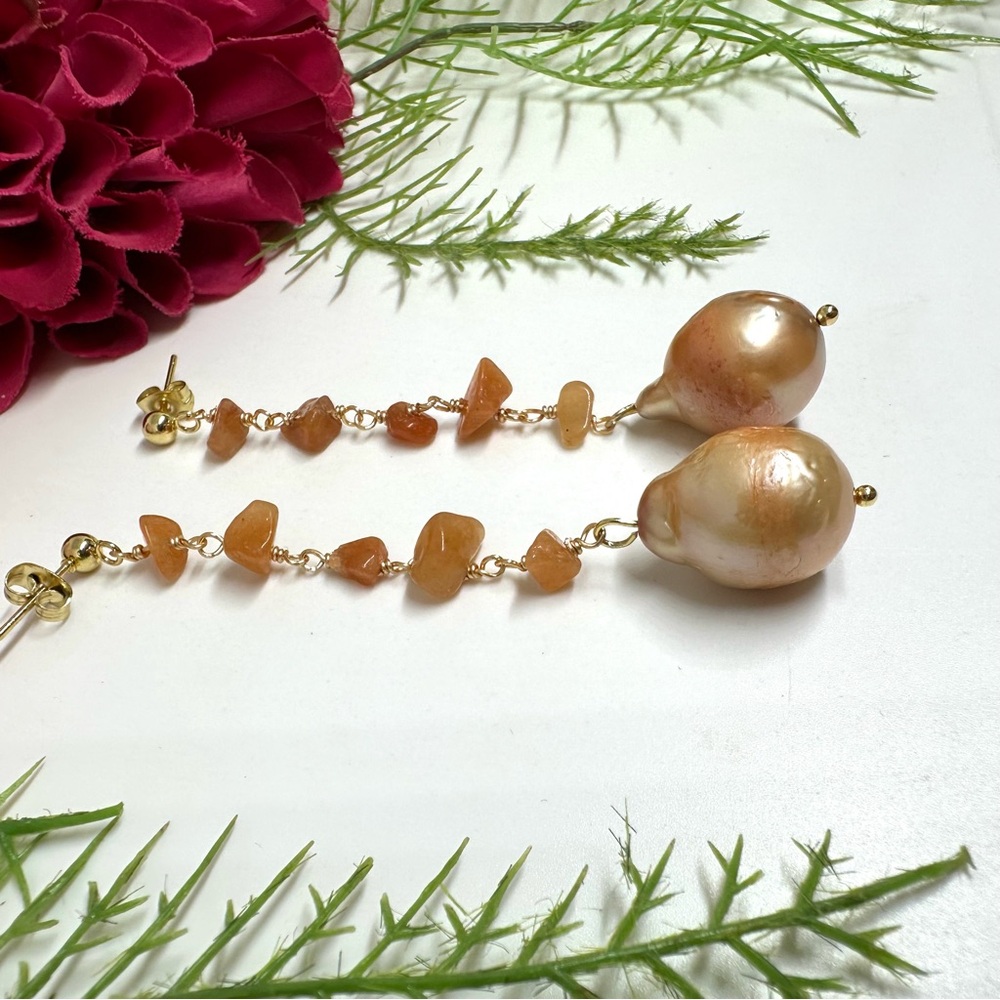 One Of A Kind⚜️Carnelian Baroque Pearl Handmade Earrings - Picture 4 of 6